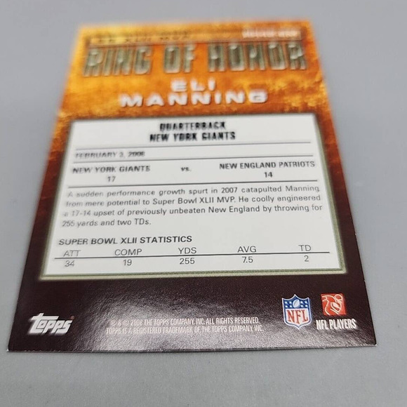 2008 Topps Eli Manning Ring Of Honor #RH42-EM Football Trading Card - Picture 5 of 6